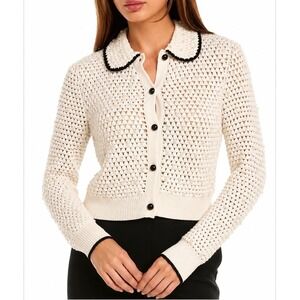 Alice + Olivia Collins Cardigan 100% Wool Cream Size Small Pearl Open Knit